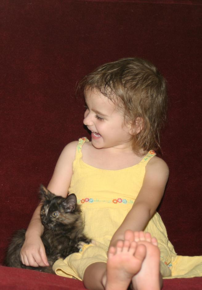 Submitted by Vania:  "Small child with formerly feral foster kitten Tortie in AZ"