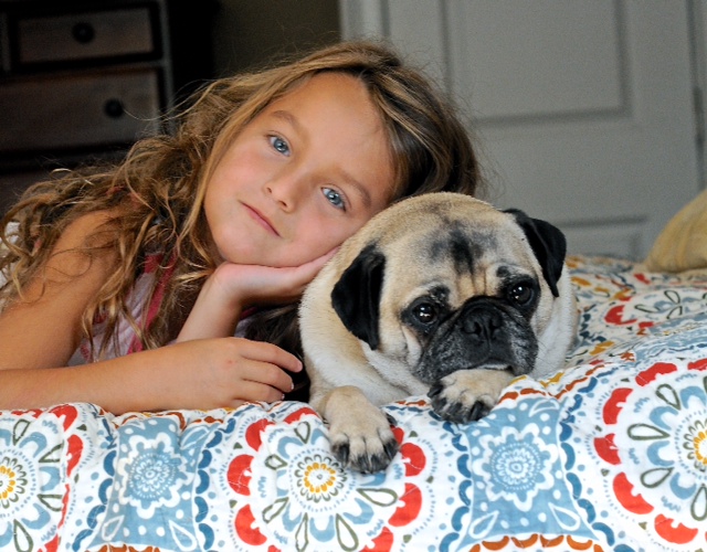 Submitted by Martha:  "This is 5 year old Molly with her Pug, Louie. Louie came to us from an Ohio puppy mill. He had a difficult and sad life but now lives a very happy life in Massachusetts."