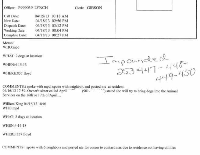 Portion of records from the Memphis pound, obtained via FOIA request, partially redacted by me (click to enlarge).