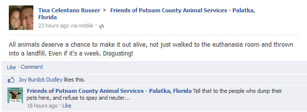 Facebook posting in which a member of the public advocates for the lives of pets at the Putnam Co pound and gets swatted down by their "Friends".