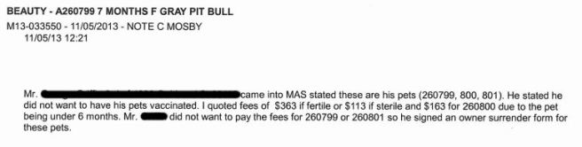 Portion of Beauty's records at MAS, obtained via FOIA request (owner's name and address redacted by me).