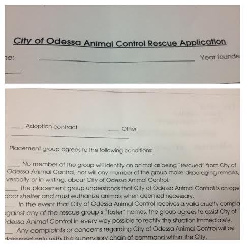 Screengrab from the KOSA website showing portions of a city document which rescuers are required to sign before saving animals from the Odessa pound
