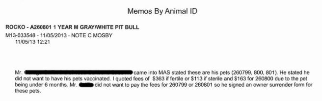 Portion of Rocko's records at MAS, obtained via FOAI request (owner's name and address redacted by me).