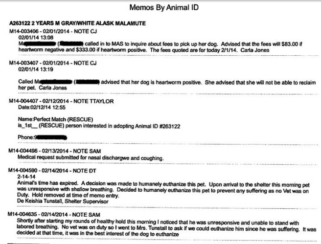 Portion of MAS records, obtained via FOIA request, for dog #263122 (partially redacted by me)