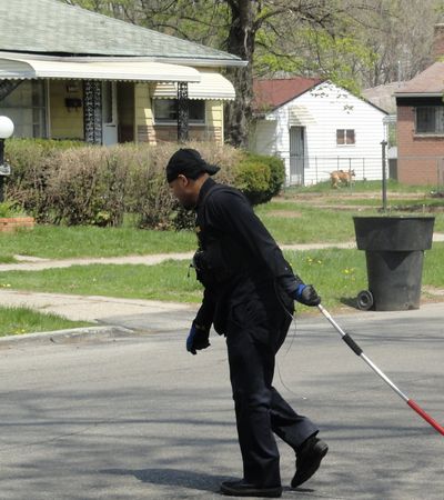 A Detroit ACO chokepoles a dog, possibly dead, across a street.  Screengrab from mlive.com.