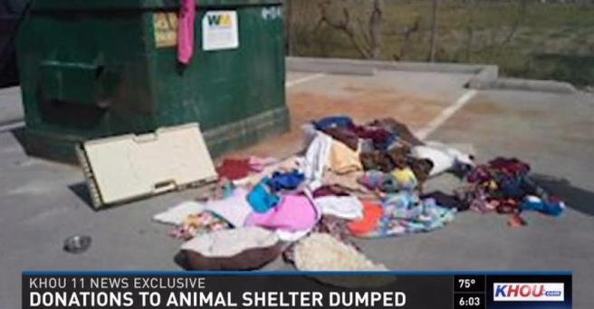 Donations from the public thrown away by staff at the Montgomery Co pound in Texas, as shown on the KHOU website.