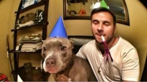 Burberry celebrating his 5th birthday with his person and some bacon, as shown on the NBC San Diego website.