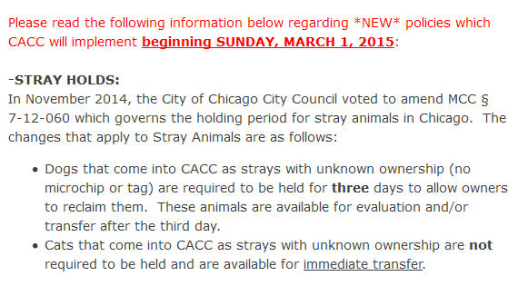 Portion of the Chicago ACC newsletter that was recently sent to rescue groups.