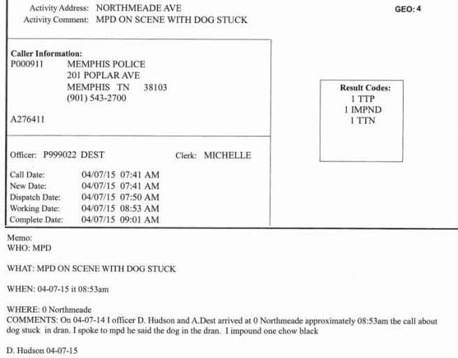 Obtained via FOIA request, this is a portion of the Memphis pound records for dog ID #276411.