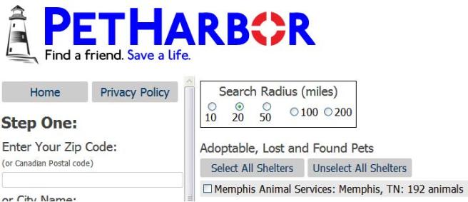 Screengrab from PetHarbor showing 192 animals listed by the Memphis pound on September 15, 2015.